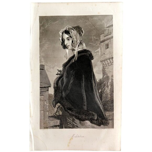 Meditation Beautiful Victorian Woman Engraving 1859 Sir Edwin Landseer Art DWY5G - Picture 2 of 2